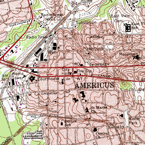 Topographic Map of Americus, GA