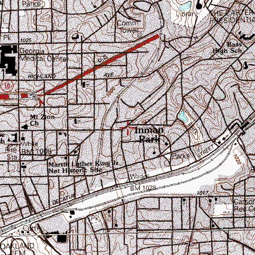 Topographic Map of Inman Park, GA