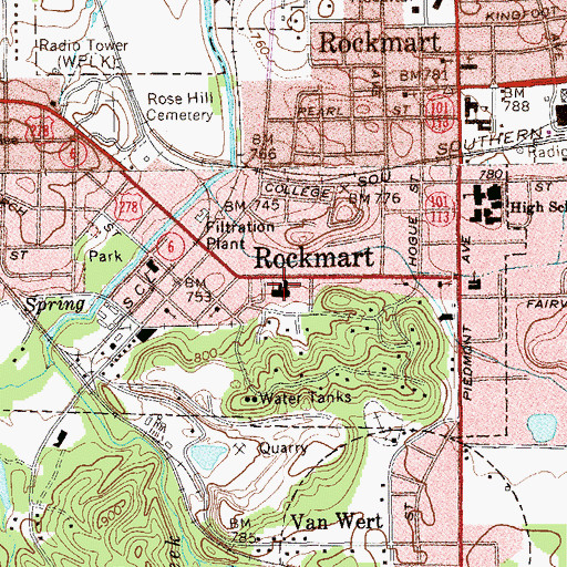 Topographic Map of First Baptist Church of Rockmart, GA