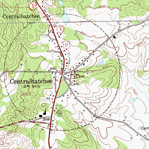 Topographic Map of Centralhatchee Cemetery, GA