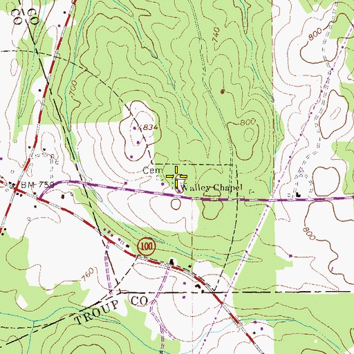 Topographic Map of Walley Chapel Cemetery, GA