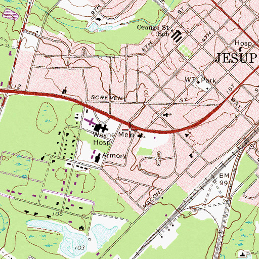 Topographic Map of Wayne Memorial Hospital Heliport, GA