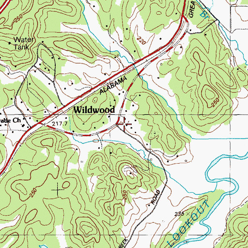 Topographic Map of Wildwood Church, GA