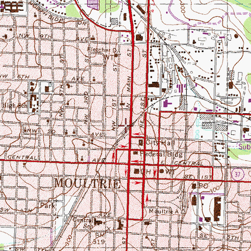 Topographic Map of Moultrie Post Office, GA