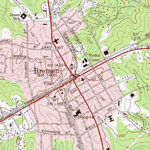 Topographic Map of Bremen, GA