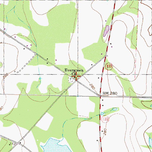 Topographic Map of Evergreen Church, GA
