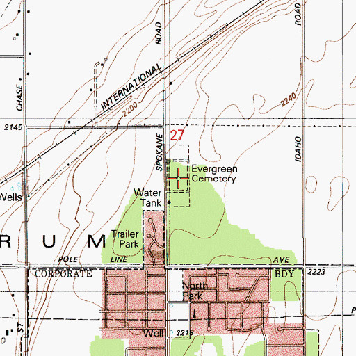 Topographic Map of Evergreen Cemetery, ID