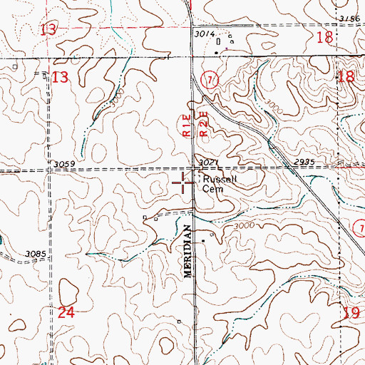 Topographic Map of Russell Cemetery, ID