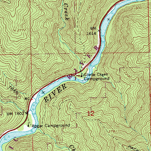 Topographic Map of Glade Creek Campground, ID