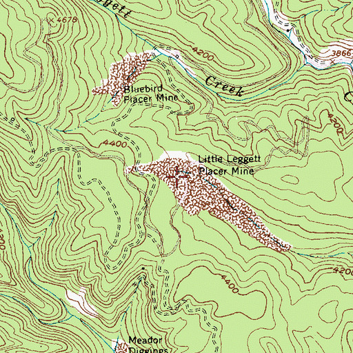 Topographic Map of Little Leggett Placer Mine, ID