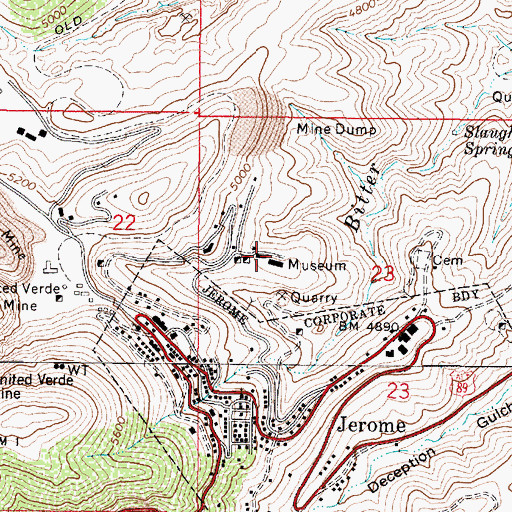Topographic Map of Jerome State Historic Park, AZ