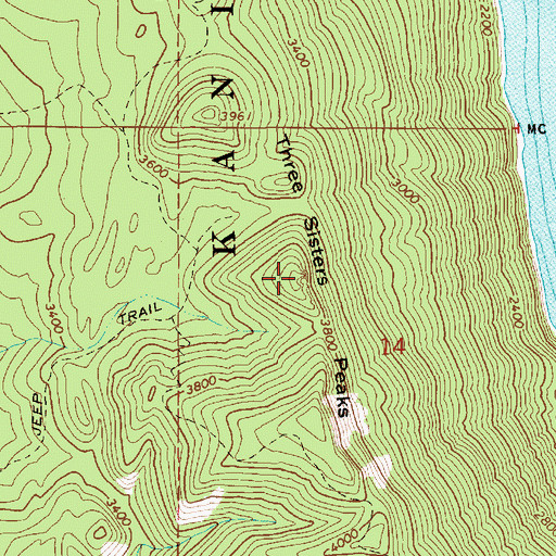 Topographic Map of Three Sisters Peaks, ID