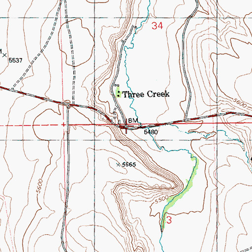Topographic Map of Three Creek, ID