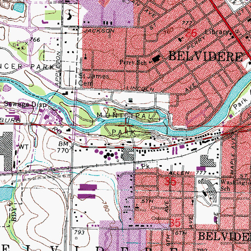 Topographic Map of Belvidere Municipal Park, IL