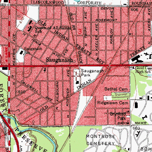 Topographic Map of Sauganash Park, IL