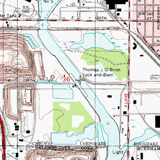 Topographic Map of Thomas J O'Brien Lock and Dam, IL