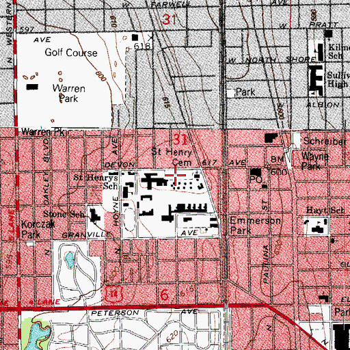 Topographic Map of Saint Henry Catholic Cemetery, IL
