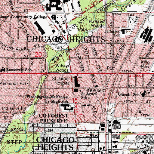 Topographic Map of Saint James Hospital and Health Centers Heliport, IL