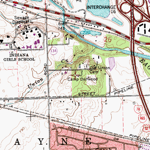 Topographic Map of Camp Dellwood, IN