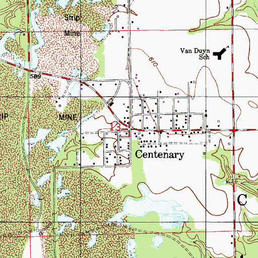 Topographic Map of Centenary, IN