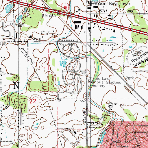 Topographic Map of Chapel Lawn Memorial Gardens Cemetery, IN