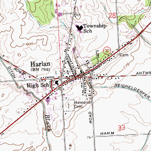 Topographic Map of Harlan, IN