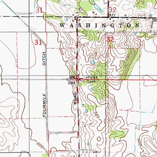 Topographic Map of Hicks Church, IN