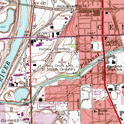 Topographic Map of Holy Cross and Saint Joseph Cemetery, IN