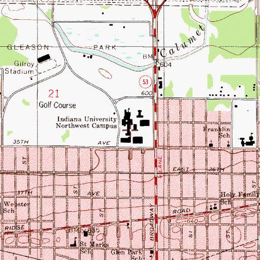 Topographic Map of Indiana University Northwest, IN
