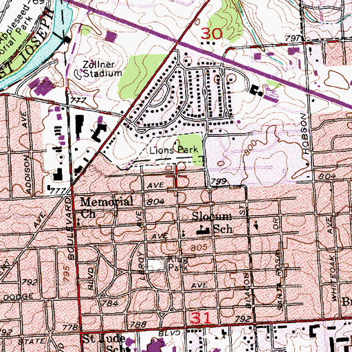 Topographic Map of Lions Park, IN