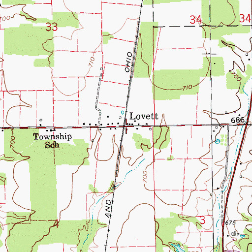 Topographic Map of Lovett, IN