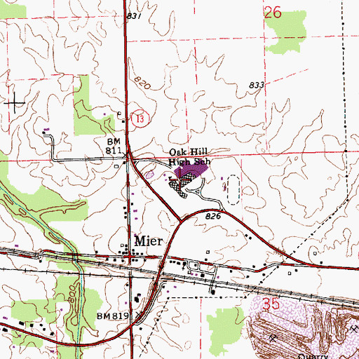 Topographic Map of Oak Hill High School, IN