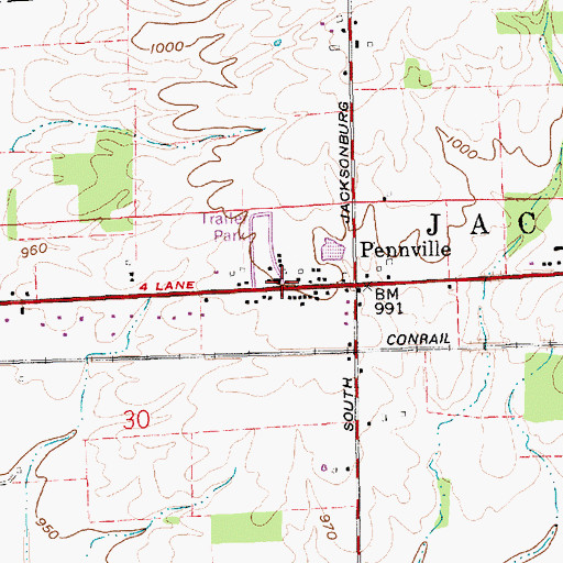 Topographic Map of Pennville, IN