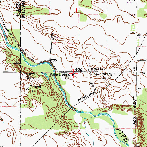 Topographic Map of Pipe Creek Church, IN