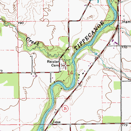Topographic Map of Reister Cemetery, IN