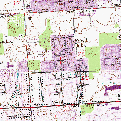 Topographic Map of Royal Oaks, IN