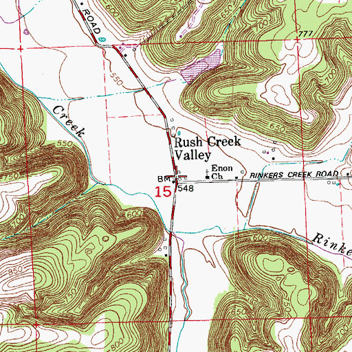 Topographic Map of Rush Creek Valley, IN