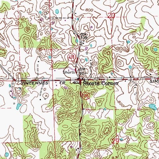 Topographic Map of Shorts Corner, IN