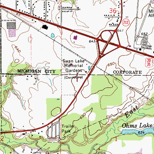 Topographic Map of Swan Lake Memorial Gardens, IN
