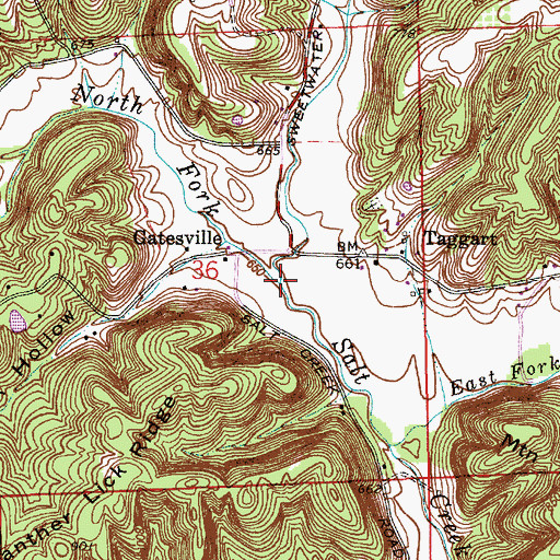 Topographic Map of Sweetwater Creek, IN