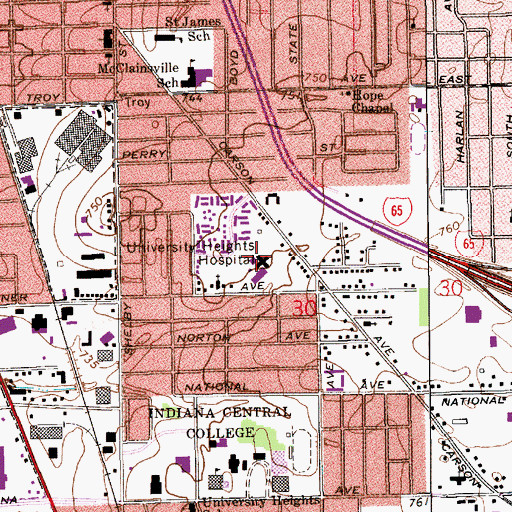 Topographic Map of University Heights Hospital, IN