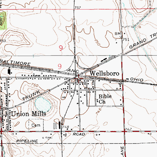 Topographic Map of Wellsboro, IN