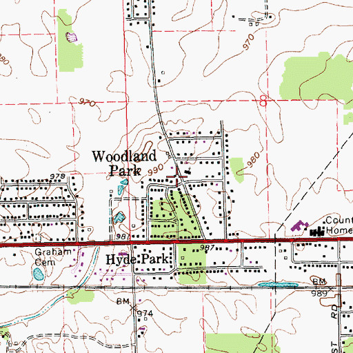 Topographic Map of Woodland Park, IN