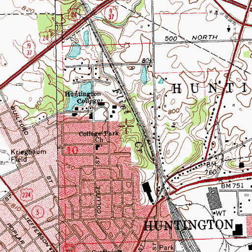 Topographic Map of Huntington College Lake Dam, IN
