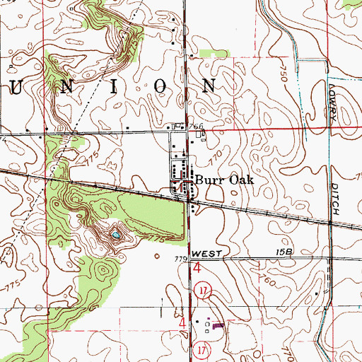 Topographic Map of Burr Oak, IN