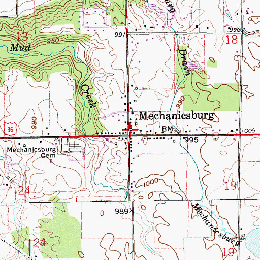 Topographic Map of Mechanicsburg, IN