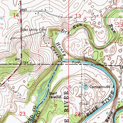 Topographic Map of Honey Creek, IN