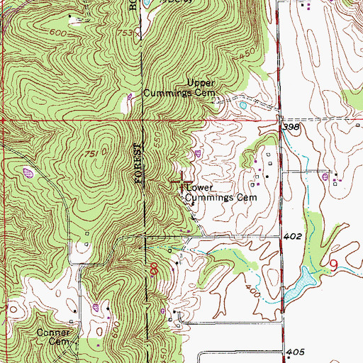 Topographic Map of Lower Cummings Cemetery, IN