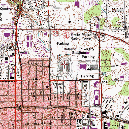 Topographic Map of Indiana University Stadium, IN
