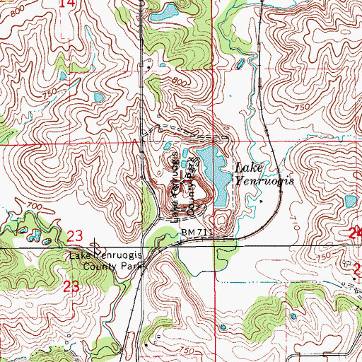 Topographic Map of Lake Yenruogis County Park, IA